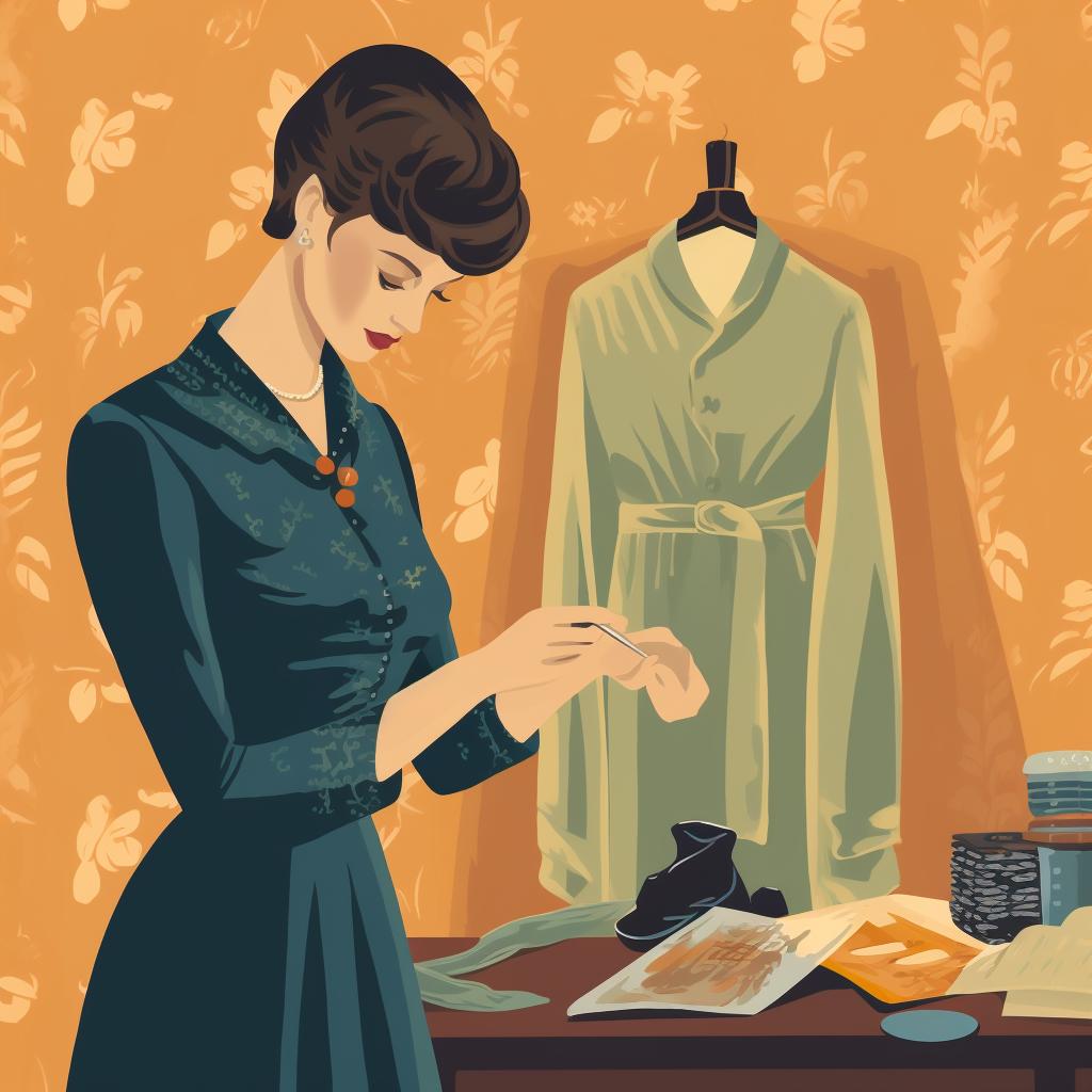 Close-up of a thrift shopper inspecting the quality of a vintage dress