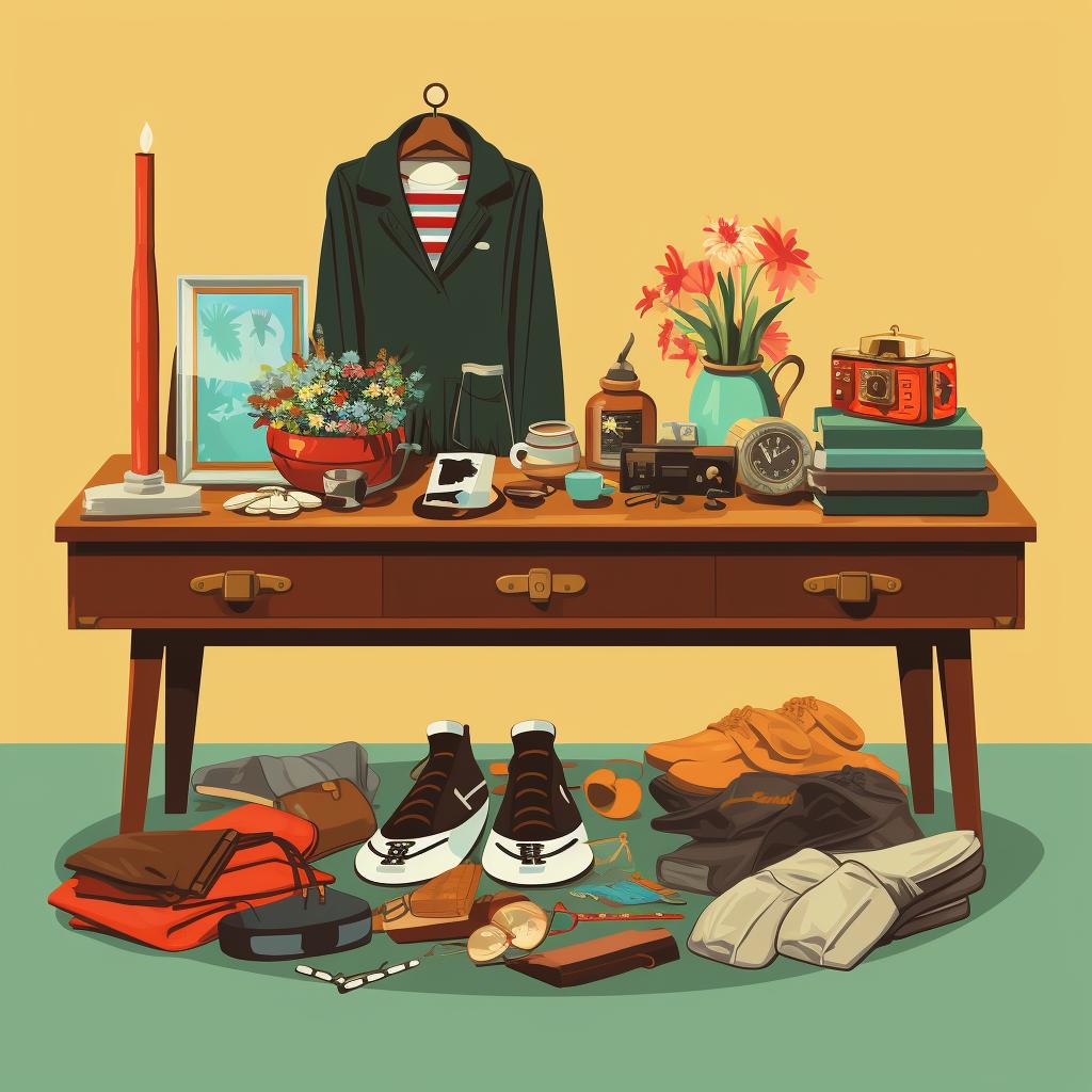 A selection of thrift store items on a table